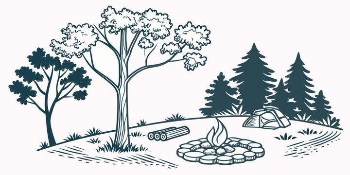 a forest scene with trees and a fire pit Vector