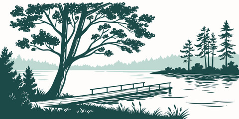 a tree stands by a lake with a wooden dock Vector © zalal