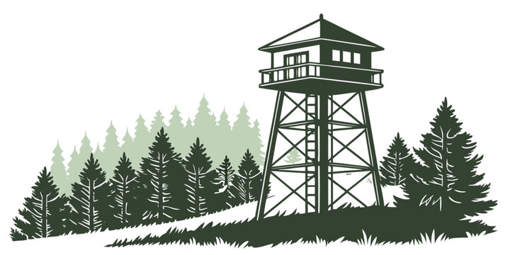 a tall fire lookout tower with a balcony and a peaked roof Vector