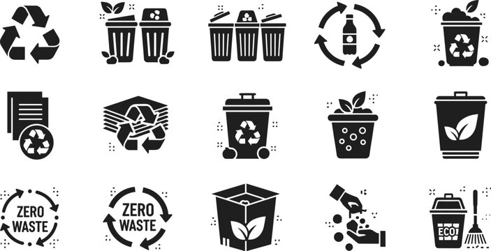 Recycling and zero waste solid icon set with compost waste management eco sustainability illustration