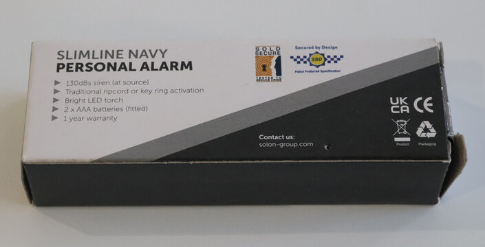Slimline personal safety alarm box packaging with ce and ukca marks ready for security