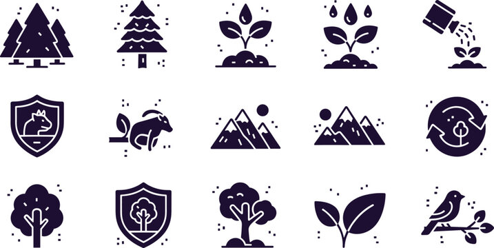 Nature and environmental protection solid icon set with tree planting mountain wildlife ecology illustration