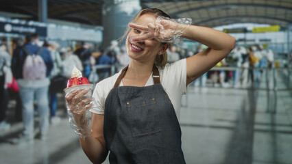 Young woman in apron holding strawberry dessert and flashing peace sign at airport terminal;...