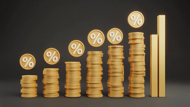 Animated percentage gold coins stacked in increasing order with percentage signs on top against a dark background