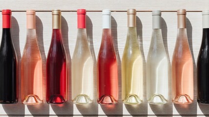 Naklejka premium Elegant Assortment of Rosé, White, and Red Wine Bottles in a Row for Tasting and Product Photography