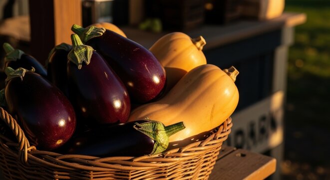 Assortment of Deep Purple Eggplants and Vibrant Butternut Squash in Woven Basket
