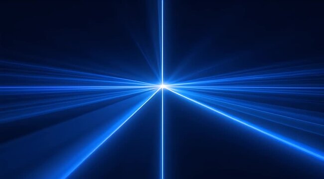 A vibrant white core radiates brilliant blue light rays horizontally and vertically into a dark expanse