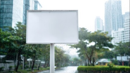 Fototapeta premium Blank Billboard Mockup Under Rain in Cityscape, Ideal for Advertisement or Promotional Message