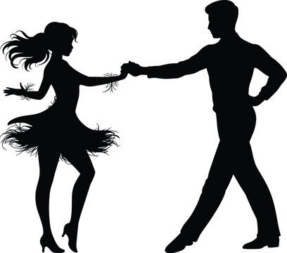 Elegant ballroom dance couple silhouette performing lively latin movement, stylish spinning pose, isolated vector illustration