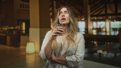 Fototapeta premium Woman holds takeaway coffee cup to lips wearing linen shirt with folded arms in hotel building lobby; contemplation.