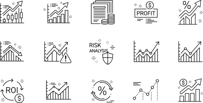 Financial growth and investment analysis line icon set with profit ROI risk analysis market trend illustration