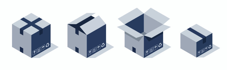 Four isometric delivery cardboard boxes in different opening stages with shipping handle icons, concept for e-commerce logistics, professional shipping services and packaging design