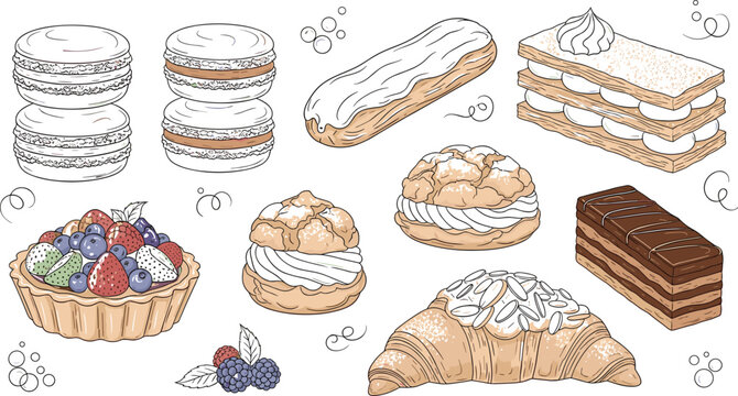 Hand drawn bakery dessert collection with macarons, eclair, mille feuille cake, croissant, berry tart and chocolate pastry colorful vector illustration set