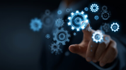 Fototapeta premium Business professional interacting with holographic automation gears interface, glowing blue digital UI icons, futuristic workflow system visualization, dark corporate background, m