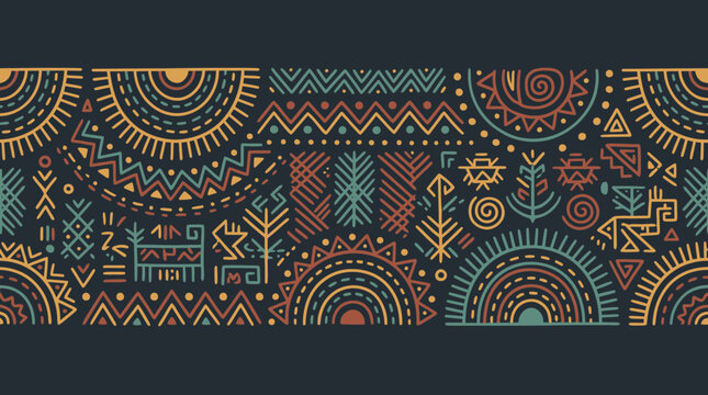 Abstract horizontal border with hand drawn ethnic tribal symbols and geometric folk ornaments on dark background, concept for textile design, cultural branding and web banner illustration