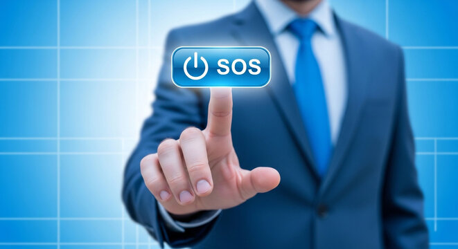 A man in a blue suit pressing an sos button