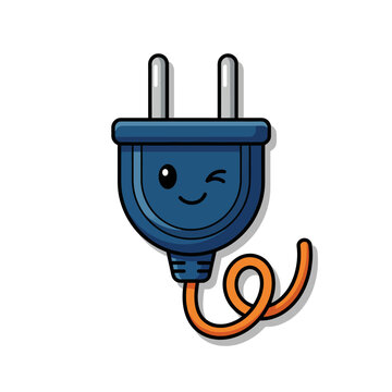 A playful illustration of an electric plug with a smiley, winking face, ideal for tech-related products, energy concepts, and colorful designs suitable for various audiences.