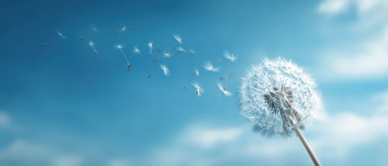 The Dandelion Seed Head Releasing Seeds Into A Bright Blue Sky