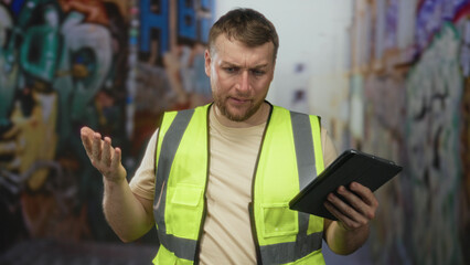 Man engineer holding tablet with hand on chin in graffiti street wearing high visibility vest and reflective stripes; safety concern.