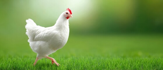 Fototapeta premium The Chicken Strutting Across Lush Green Grass in a Bright Natural Setting