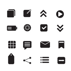 Professional collection of 16 minimalist black UI icons including battery, mail, chat, and navigation symbols. Ideal for modern web and app design.
