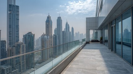 Fototapeta premium Modern urban cityscape view from a high-rise balcony showcasing skyscrapers and architectural design in an expansive cityscape