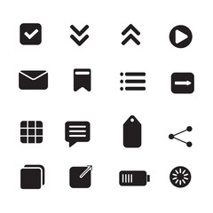 Set of 16 minimalist black UI icons featuring battery, mail, chat, and navigation symbols. Professional vector collection for modern web and app design.
