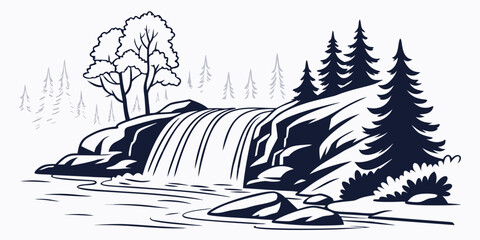 a waterfall cascading down a rocky slope surrounded by trees Vector © zon