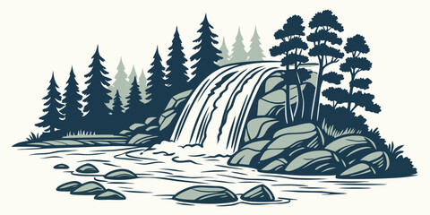 a waterfall in a forest with trees and rocks Vector © zon