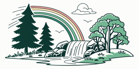 Obraz premium a waterfall under a rainbow in a forest with trees Vector