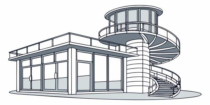 a modern house with a spiral staircase and balcony Vector