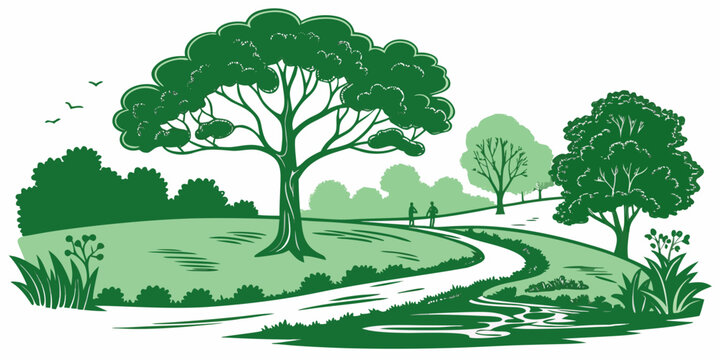 a green landscape with trees and a winding path Vector