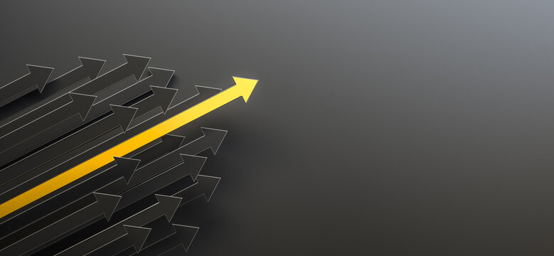 Leadership and growth concept, yellow arrow standing out from the crowd of black arrows, on black background with empty copy space on right side. 3D Rendering