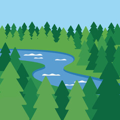 Fototapeta premium This image showcases a lush green forest abundant with trees and a gently winding river, emphasizing the harmony of nature and the beauty of natural landscapes.