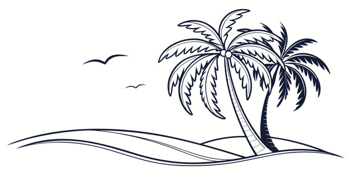 a palm tree on a small island with two birds flying overhead Vector