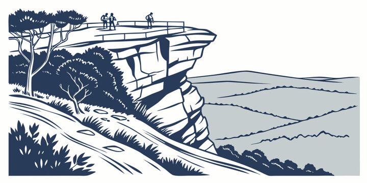 a blue and white illustration of a rocky cliffside with trees Vector