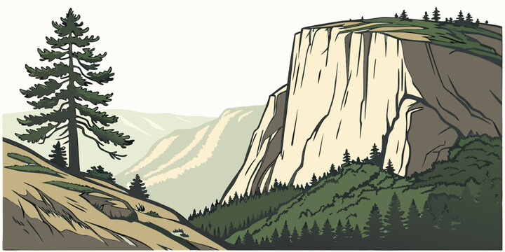 a large cliff with a tree on the side of a mountain Vector