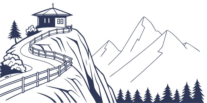 a pagoda on a mountain with a bridge and trees Vector