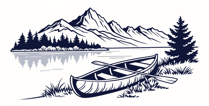 a small boat sitting on the shore of a lake Vector