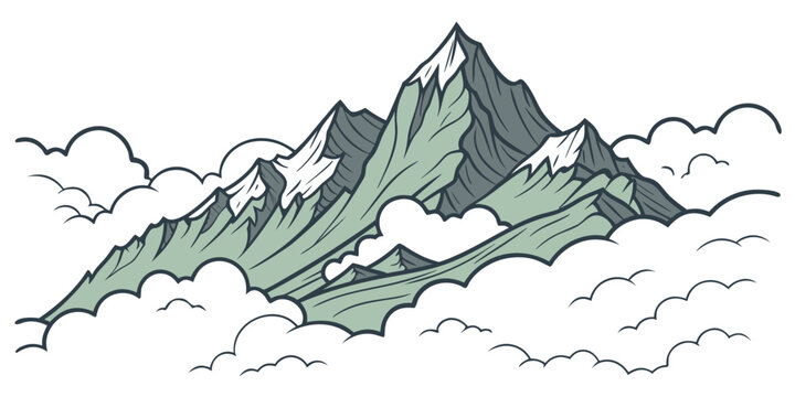 a mountain range with snow on the peaks and birds flying around Vector
