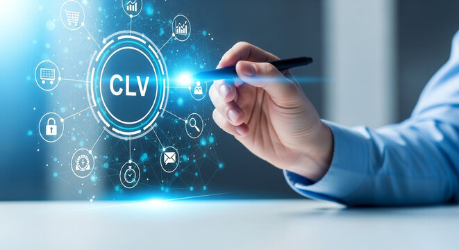 A hand holding a pen pointing to a clv icon