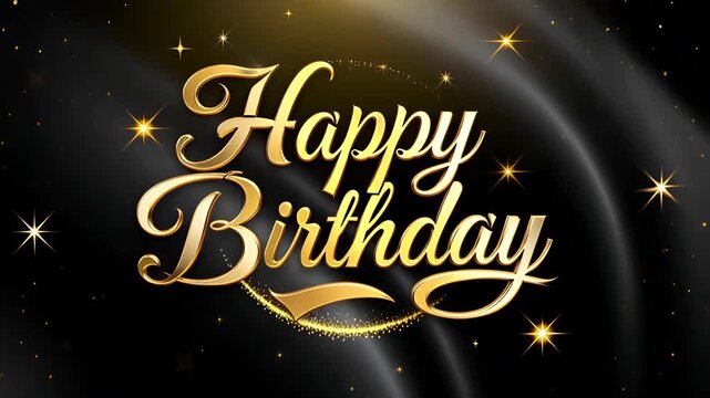 Festive greeting card with animated golden text "Happy Birthday" on dark background, sparkling particles and stars, animated digital greeting card concept for social media