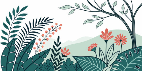 a lush forest landscape with flowers and trees Vector © zon