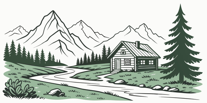 a small house near a stream and mountain range Vector