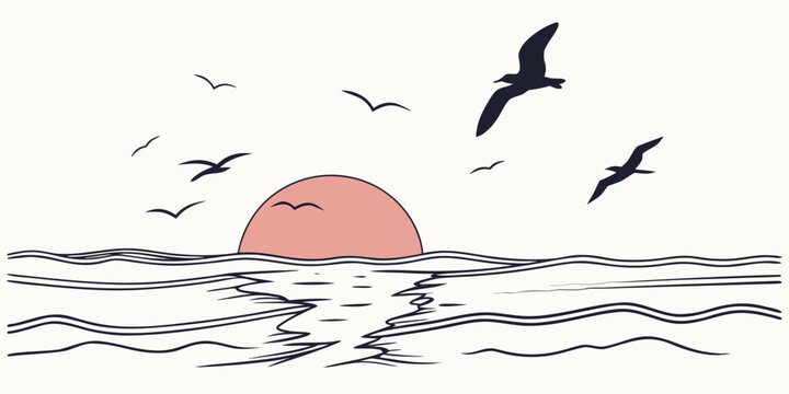 seagulls flying over the ocean at sunset Vector