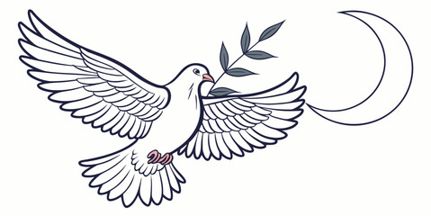 a white dove carrying a branch and flying near the moon Vector © zon