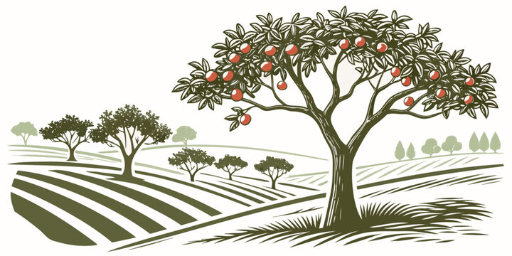 an apple orchard with trees and rows of land Vector