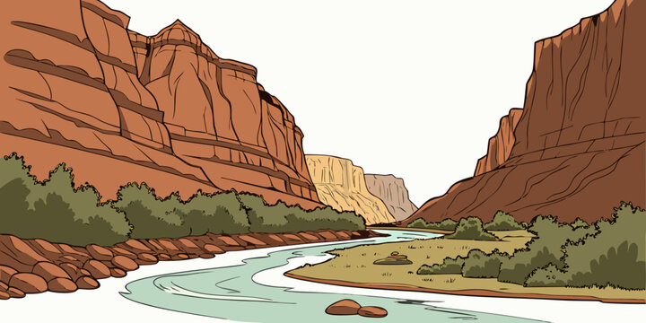 a river flowing through a canyon with rocky cliffs Vector