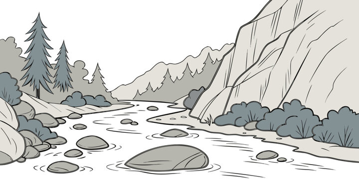 a river flowing through a mountainous landscape with trees Vector