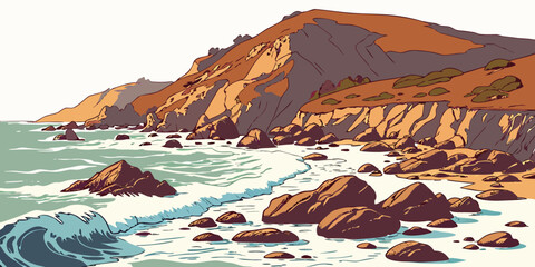 a rocky coastline with waves crashing on the shore Vector © zon
